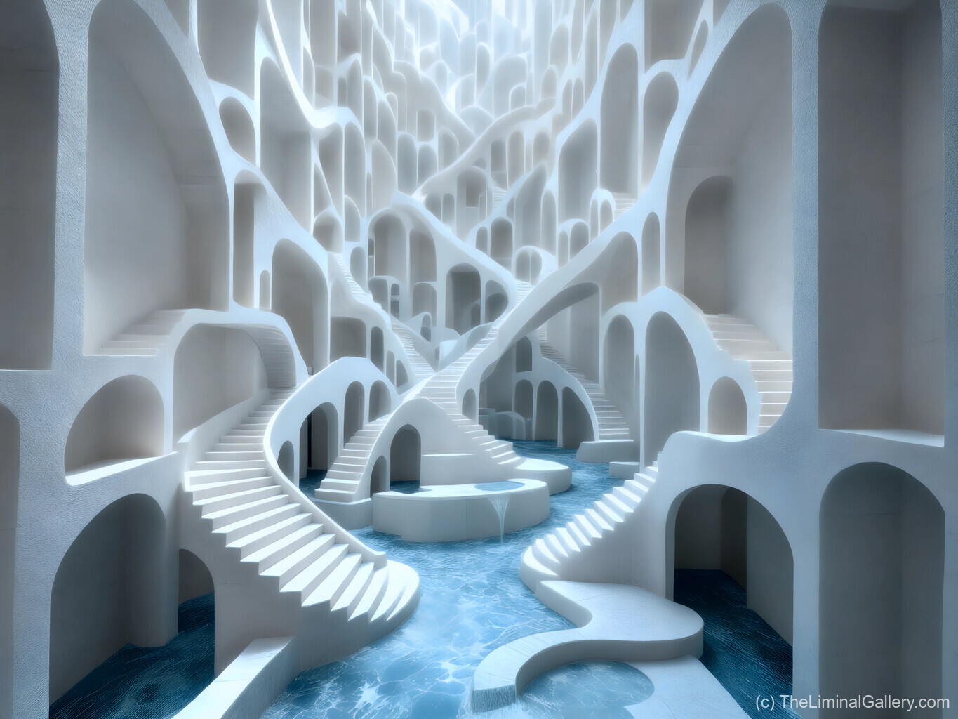 A surreal architectural labyrinth of white arches and winding staircases rising above flowing water, blending liminal spaces, Art Deco elegance, and fantasy aesthetics.